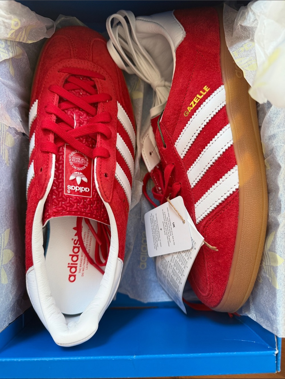 adidas Gazelle Red Suede Sneakers with White Stripes and Gum Sole